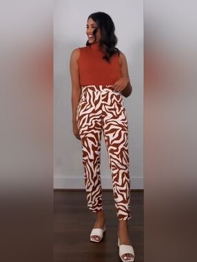 Spanx On The Go Pants Ankle Slim Straight Animal Print High Rise Brown Size S